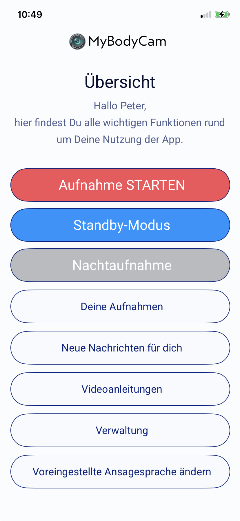 Übersicht der App mit dem Menüpunkt Verwaltung