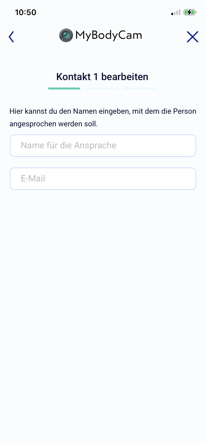 Kontakt 1 bearbeiten mit leeren Feldern für Name und E-Mail