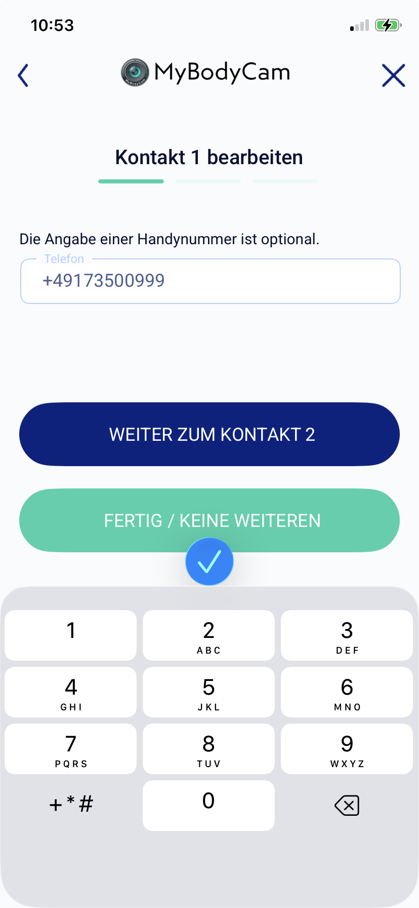 Optionale Handynummer für Kontakt 1