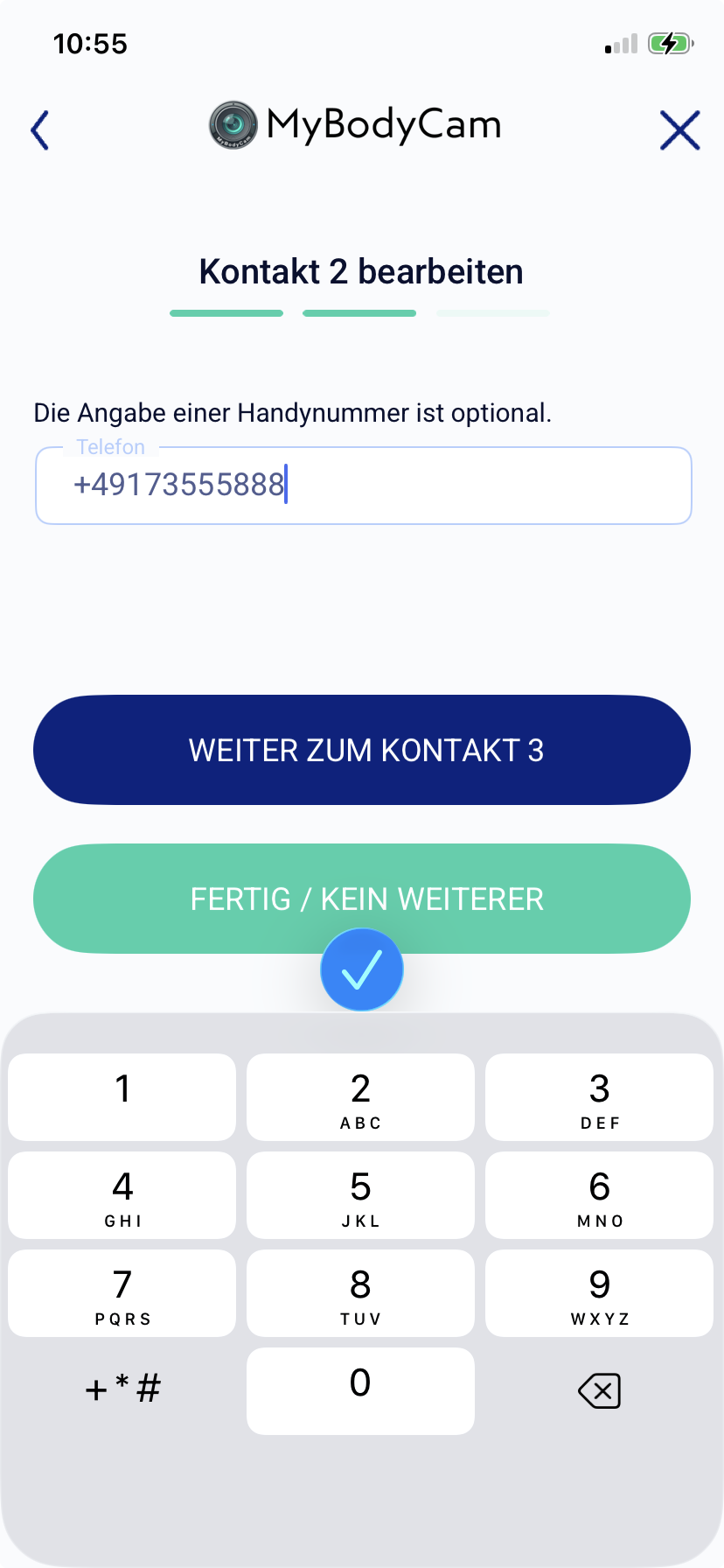 Optionale Handynummer für Kontakt 2