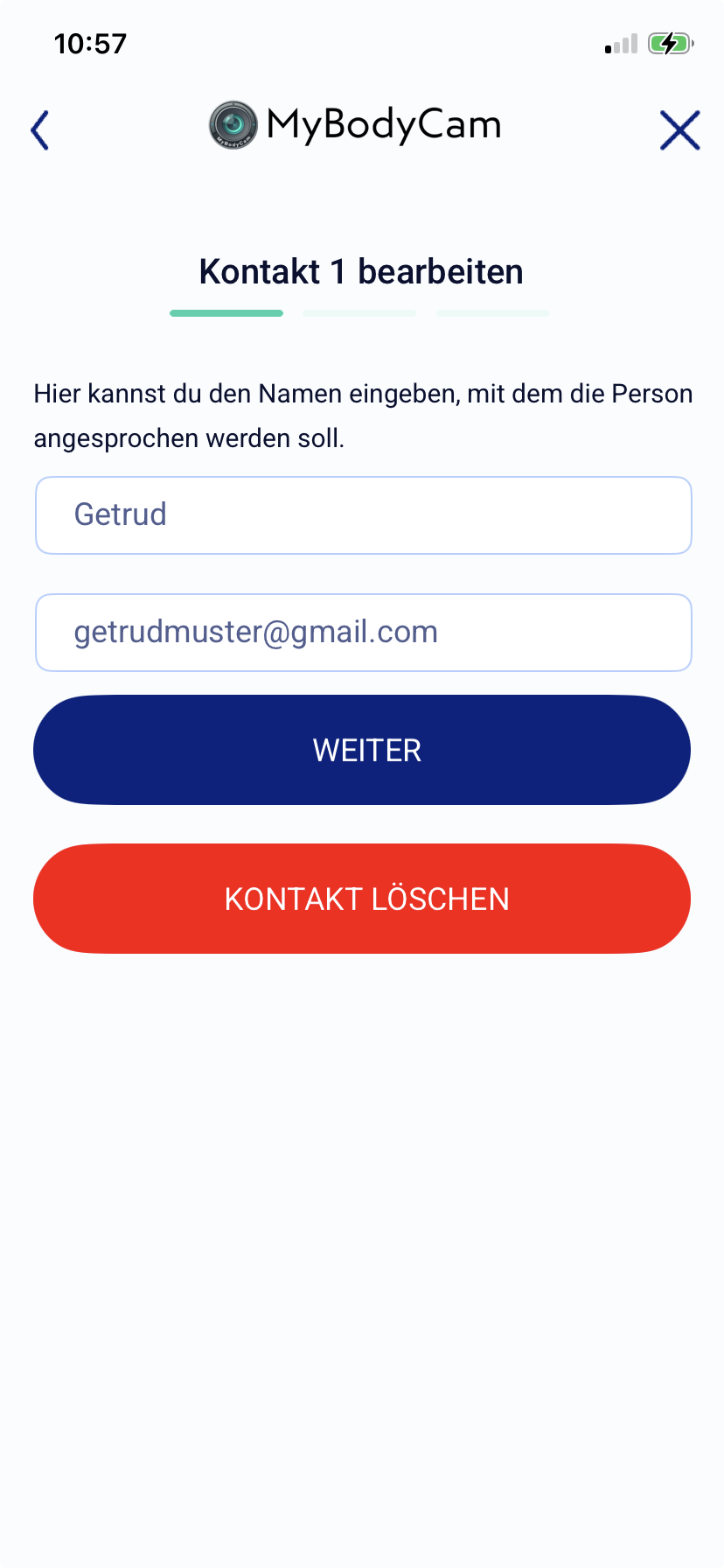 Gespeicherter Kontakt mit den Schaltflächen WEITER und KONTAKT LÖSCHEN